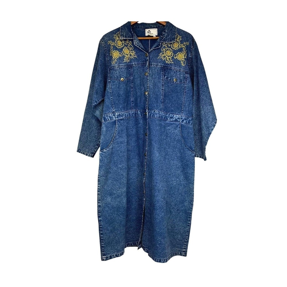 Vintage Womens Denim Dress Carolina Bay Size L 90s Y2K Embroidered Beaded Modest